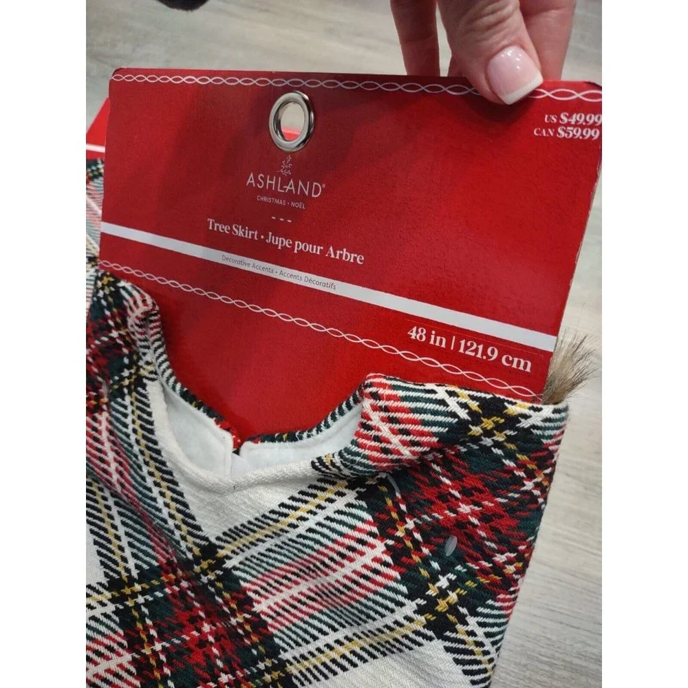 CHRISTMAS TREE Fabric Check SKIRT PLAID Faux Fur Trim Lined Ashland 48